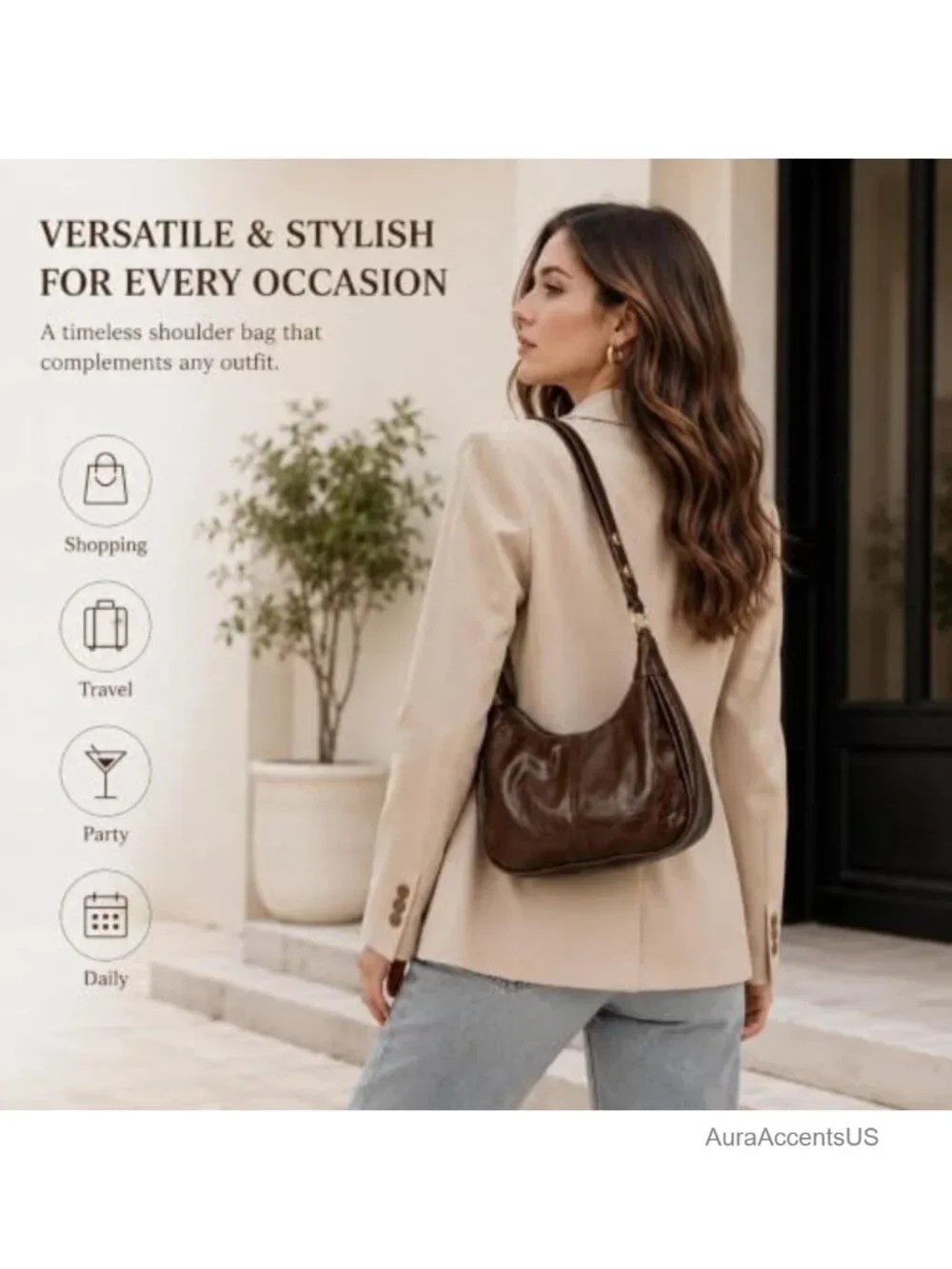 Small Hobo Bag Crescent Shoulder Purse Vegan Leather Brown